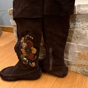 Miu Miu Brown Suede Embroidered Over-the-Knee Slouch Boots